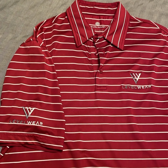 Levelwear men’s golf polo. Red with a thin white stripe. Size medium - Picture 2 of 3
